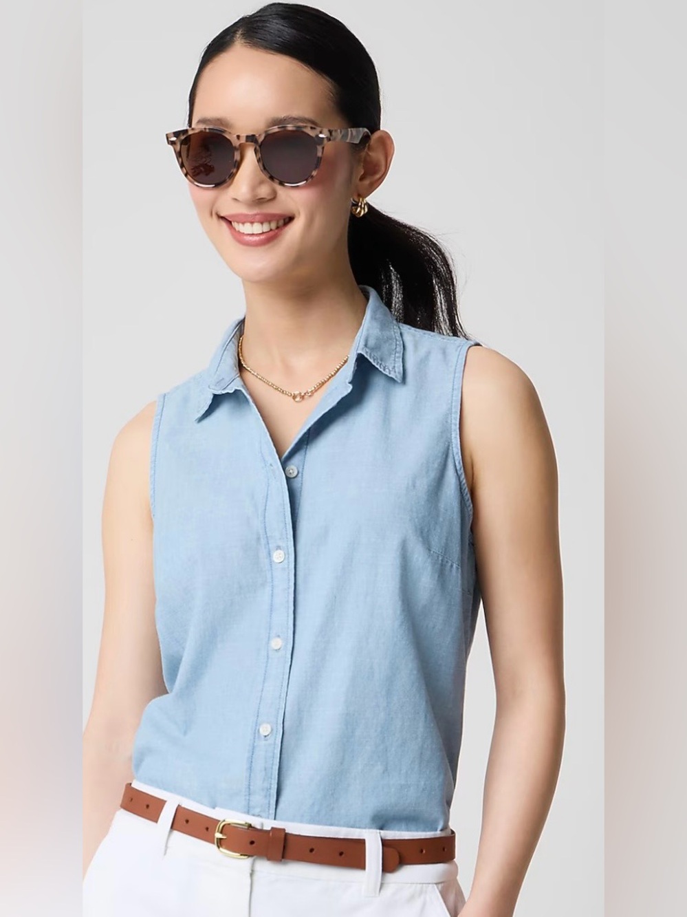 J. Crew Sleevless Chambray Button-Up Shirt Size Large